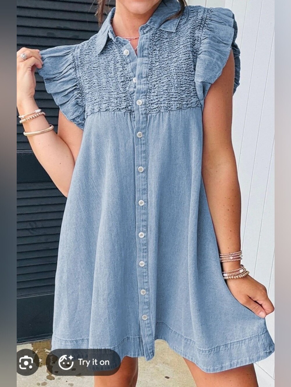 Entro Light Blue Denim Mini Dress with Puff Sleeves Medium